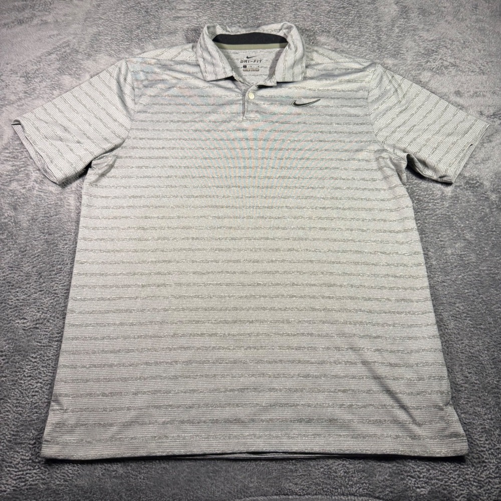 Nike Dri-FIT Mens Sage Green Grey Striped Short Sleeve Golf Polo Shirt Size M